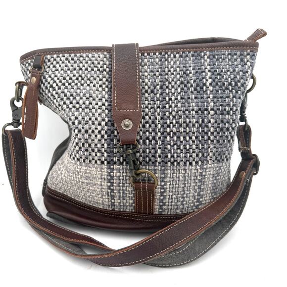Myra Bag Rough Textured Canvas & Leather Shoulder Handbag - Picture 1 of 11